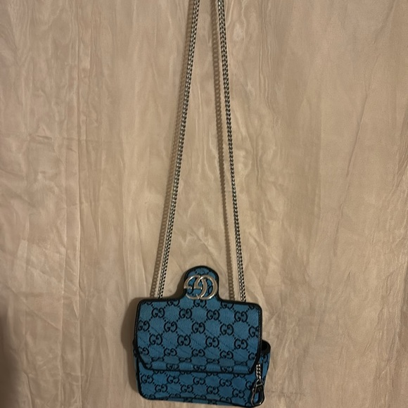 Gucci Gg Marmont Flap Bag Diagonal Quilted Gg Canvas Super Mini Blue. - Picture 5 of 8